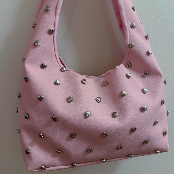 Handmade Light Pink Faux Leather Silver Stud Hearts Studded Beaded Shoulder Bag - Picture 2 of 10
